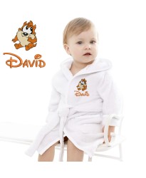 Baby and Toddler Cute Baby Taz and Custom Text Design Embroidered Hooded Bathrobe in Contrast Color 100% Cotton